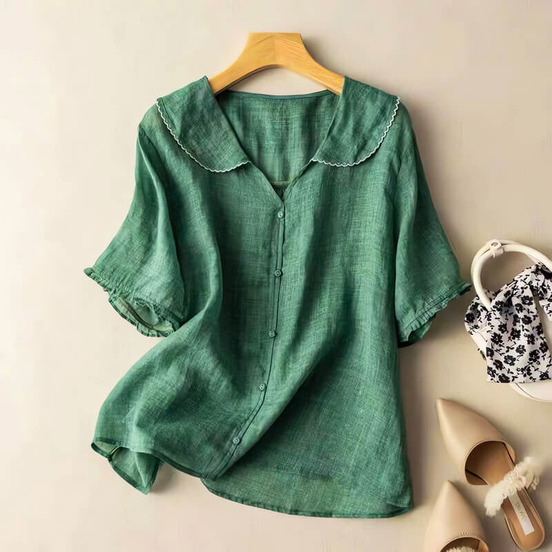 Shryle | Lace Collar Button-Up Short Sleeve Blouse